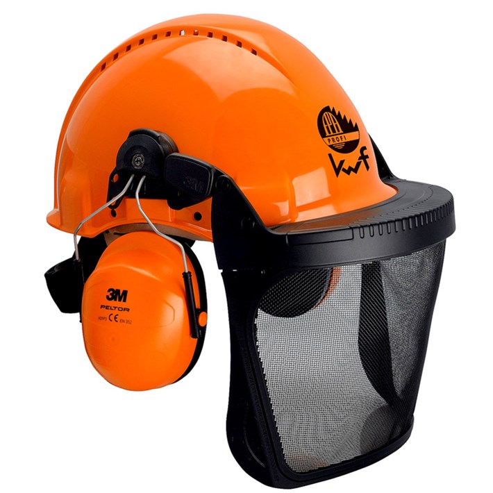 3M 7.21.15.331.55 Helmcombinatie voor de bosbouw, G3000 oranje helm, H31 Oorkappen, metalen gelaatsscherm 5C