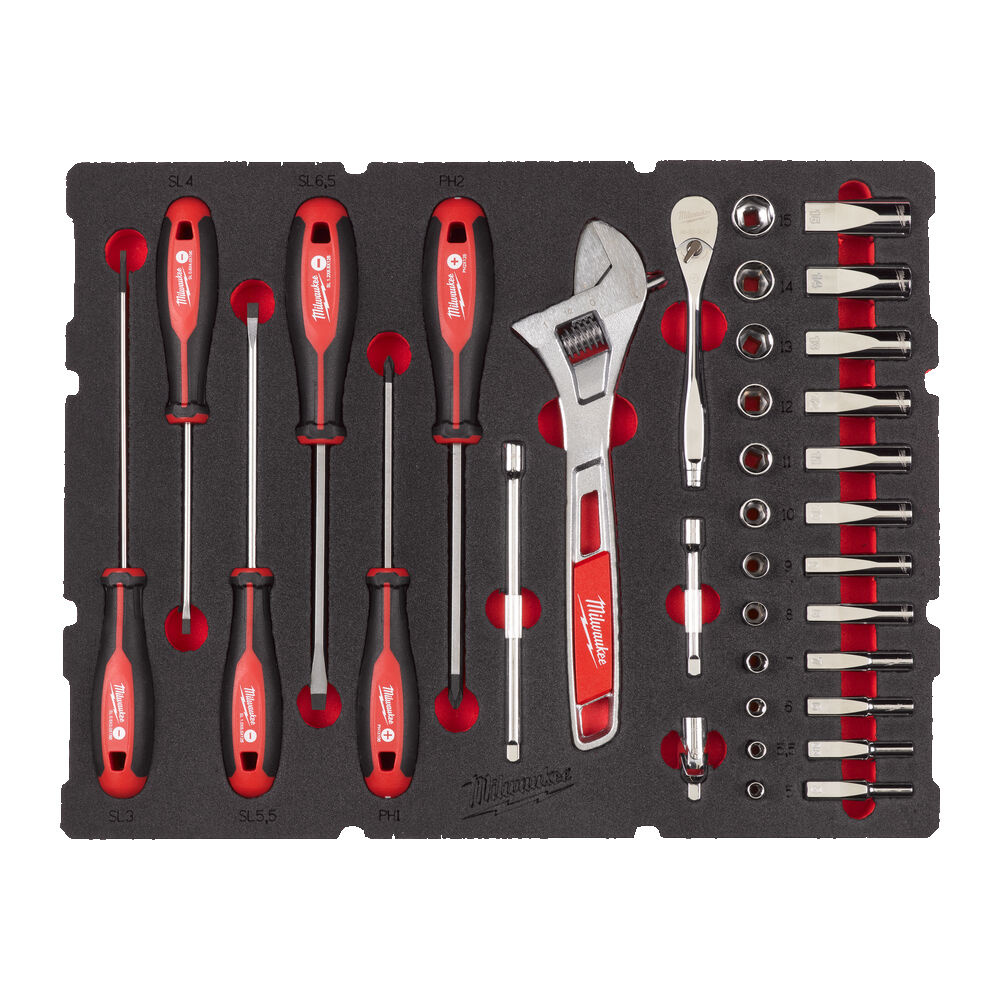 Milwaukee Accessoires 4932480717 1/4" Ratel, Dop, schroevendraaier en moersleutel set Set PACKOUT Foam Inlay 35-delig 4932480717