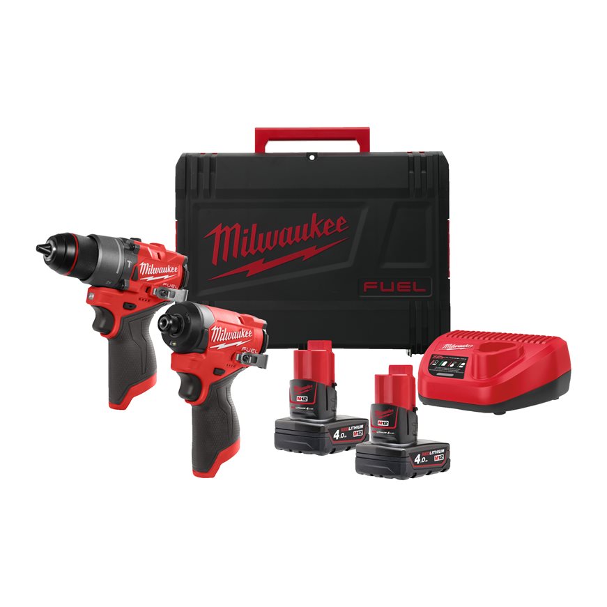 Milwaukee 4933480587 M12 FPP2A2-402X Powerpack M12 FPD2 KlopBoormachine + M12 FID2 Slagschroevendraaier 12V 4.0Ah in HD Box 4933480587