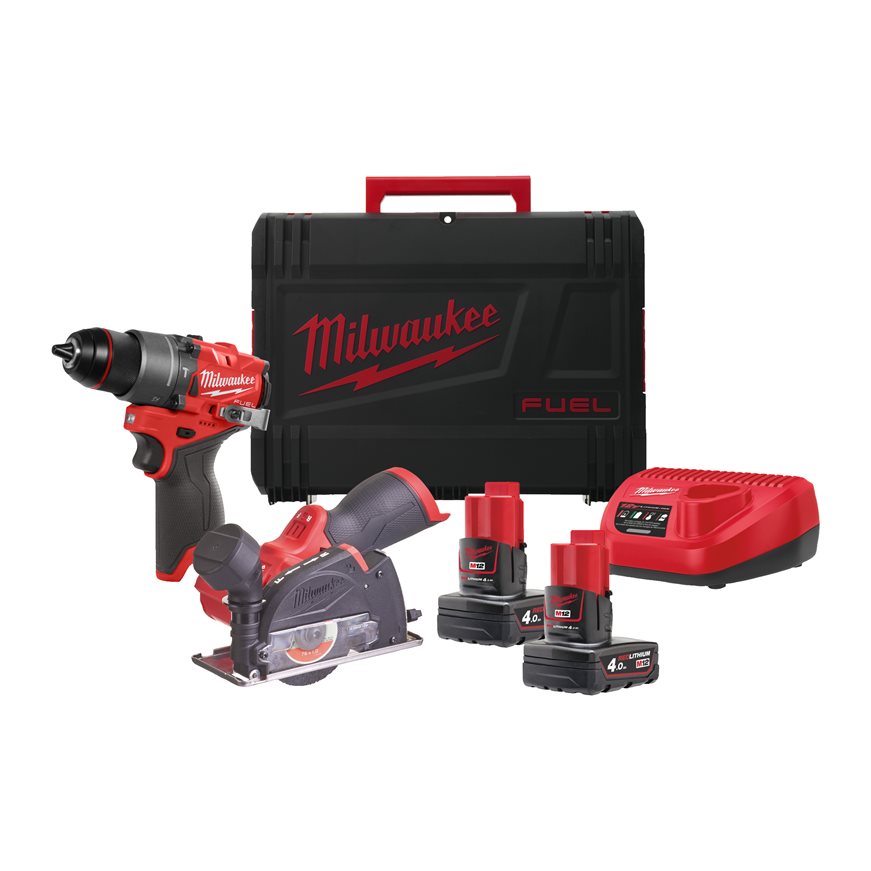 Milwaukee 4933480592 M12 FPP2G2-402X Powerpack M12 FPD2 KlopBoormachine + M12 FCOT Slijpmachine 12V 4.0Ah in HD Box 4933480592