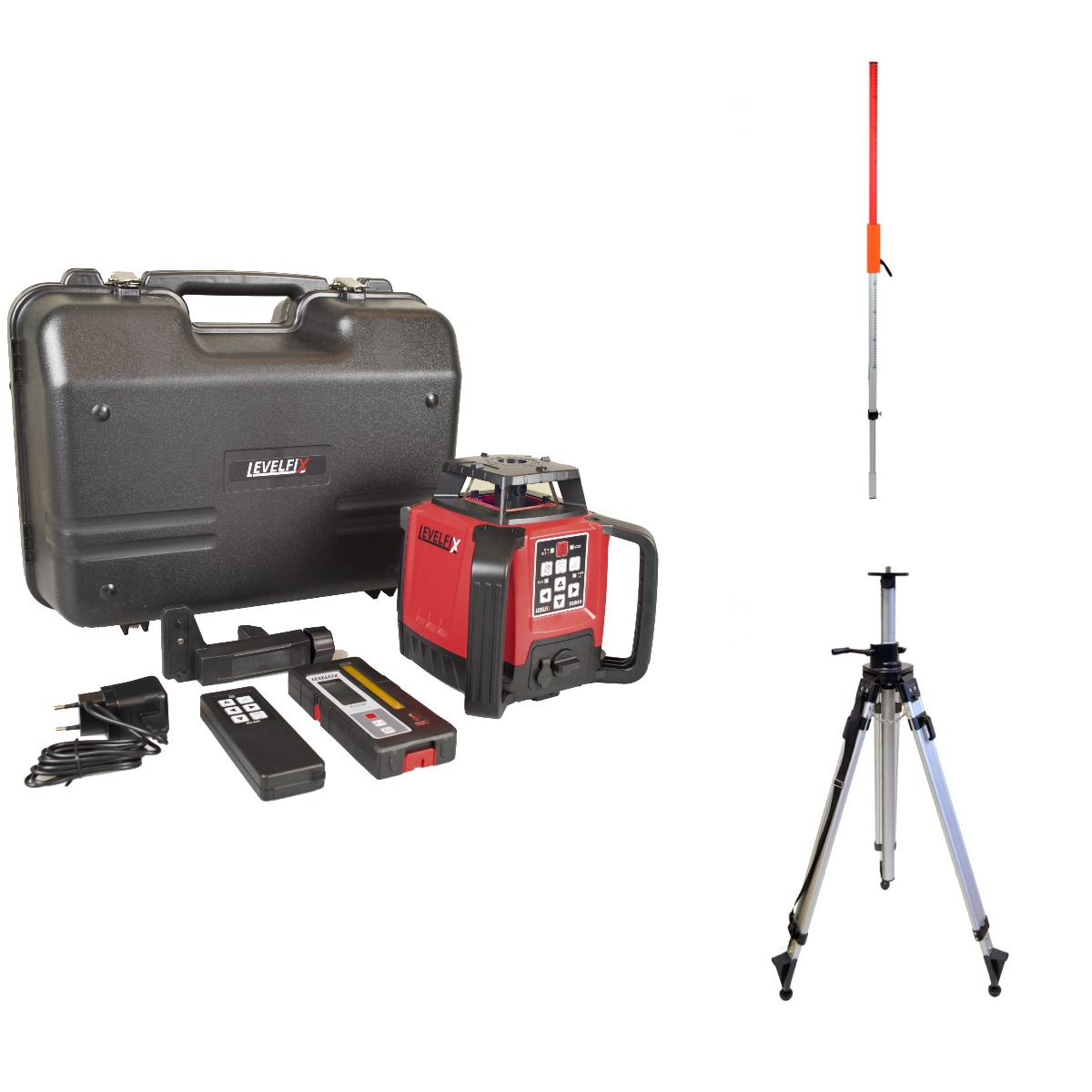 Levelfix 554521 550HV SET 2 Allround Bouwlaser Zelfnivellerend Rood + Meetbaak + Opdraaibaar statief 2.70 mtr