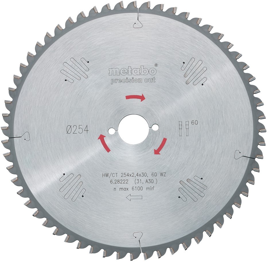 Metabo Accessoires 628221000 HM Zaagblad Precision Cut HW/CT 254X30, 48 WZ 5° neg.