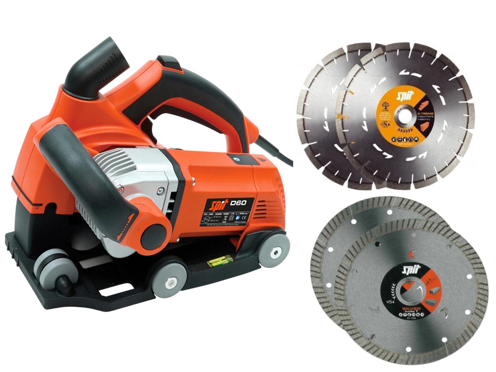 Spit 695276 D60 Muurfrees 1600 Watt + set Extreme Universal diamantzaagbladen + set Silver Turbo zaagbladen