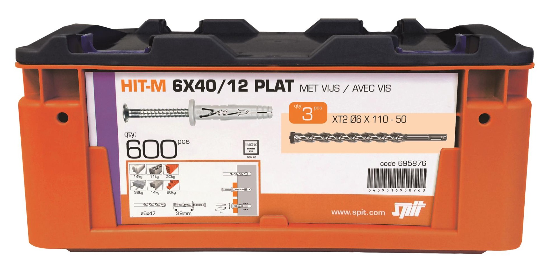 Spit Bevestiging 695876 Slagplug met kraag HIT-M 6 x 40 /12P 600 stuks + 3 x XT2 sds plus boor 6x110-50
