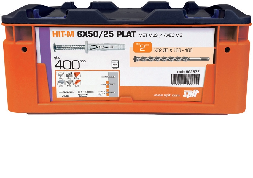 Spit Bevestiging 695877 Slagplug met kraag HIT-M 6 x 50 /25P 400 stuks + 2 x XT2 sds plus boor 6x160-100
