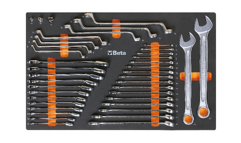 Beta 024500025 Zachte Inlegbak inclusief combinatiesleutelsets, combinatie ratelsleutels met adapters en dubbel gebogen sleutels