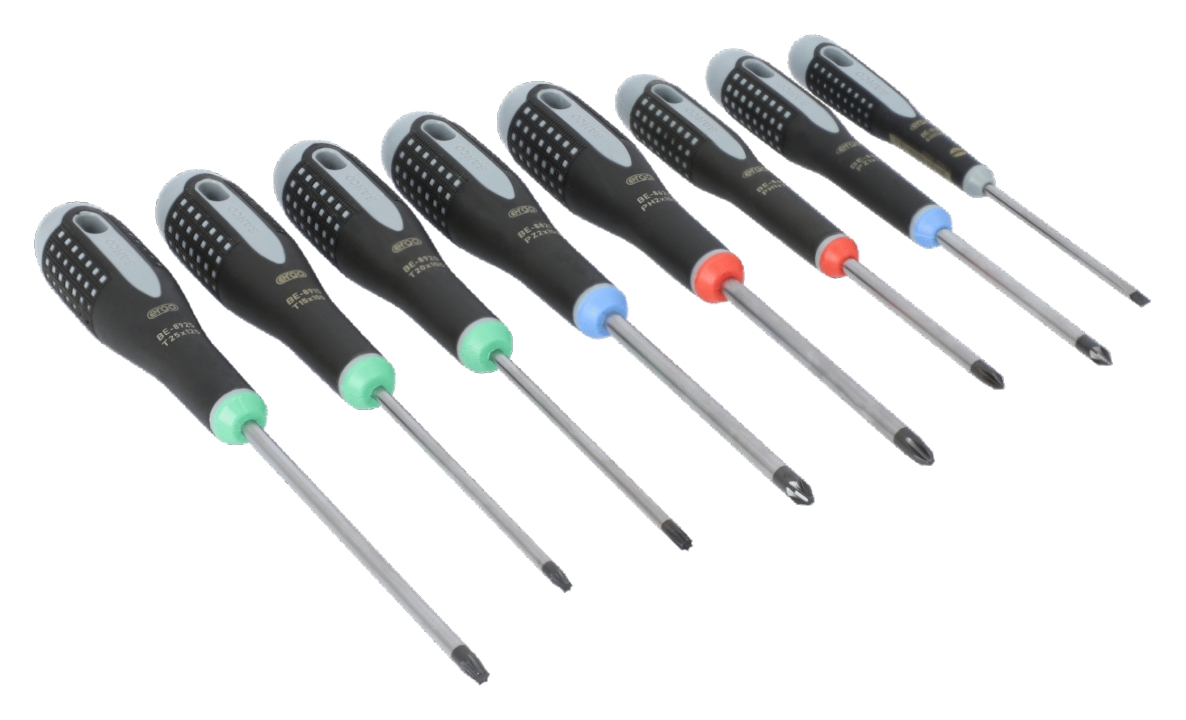 Bahco BE-9872 Schroevendraaierset ERGO™, driecomponentengreep, gleuf, Phillips, Pozidriv, TORX® – 8 stuks