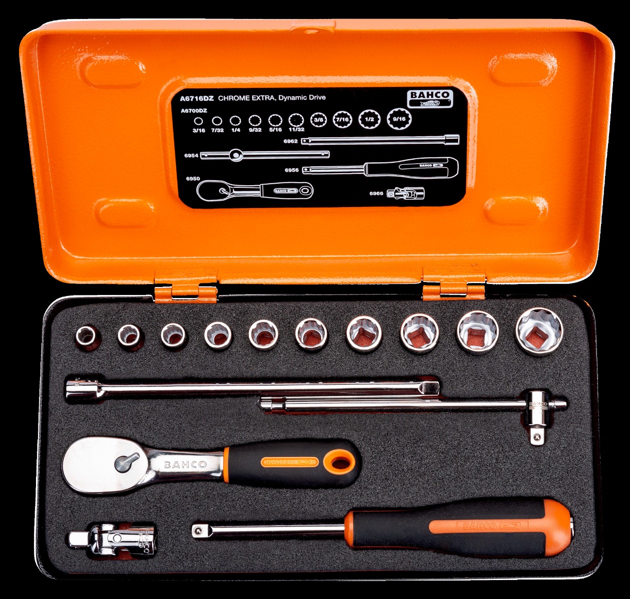 Bahco A6716DZ Dopsleutelset 1/4" Metrisch 15-delig, metalen doos