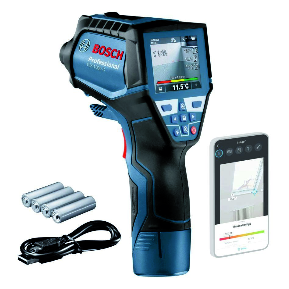 Bosch Blauw 0601083300 GIS 1000 C Thermodetector 4x batterij 1,5V AA batterij-adapter en micro-USB-kabel