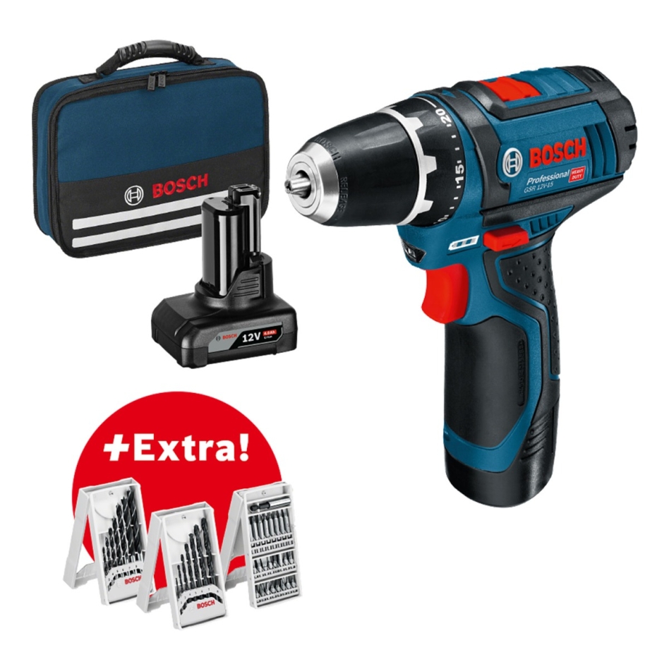 Bosch Blauw 0615990G6L GSR 12V-15 Accuschroefboormachine 12V 2.0/4.0Ah Li-Ion + 39-delige accessoireset in tas
