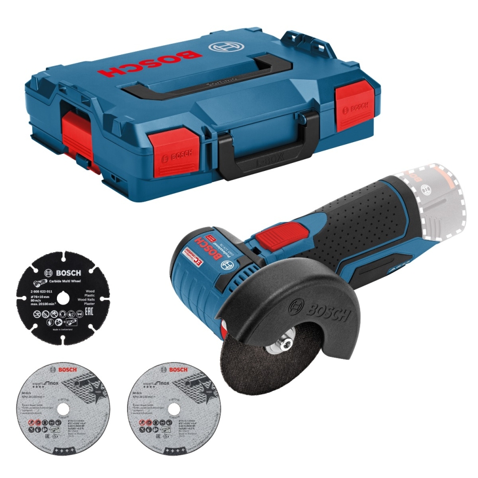 Bosch Blauw 06019F2003 GWS 12V-76 Haakse Accuslijpmachine 12V Solo in L-Boxx