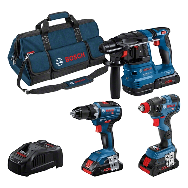 Bosch Blauw 0615A5003B 3 Toolkit - GSR 18V-55 Accuboor + GDX 18V-200 Draaislagmoeraanzetter + GBH 18V-22 Boorhamer 18V 4.0Ah Li-Ion in tas