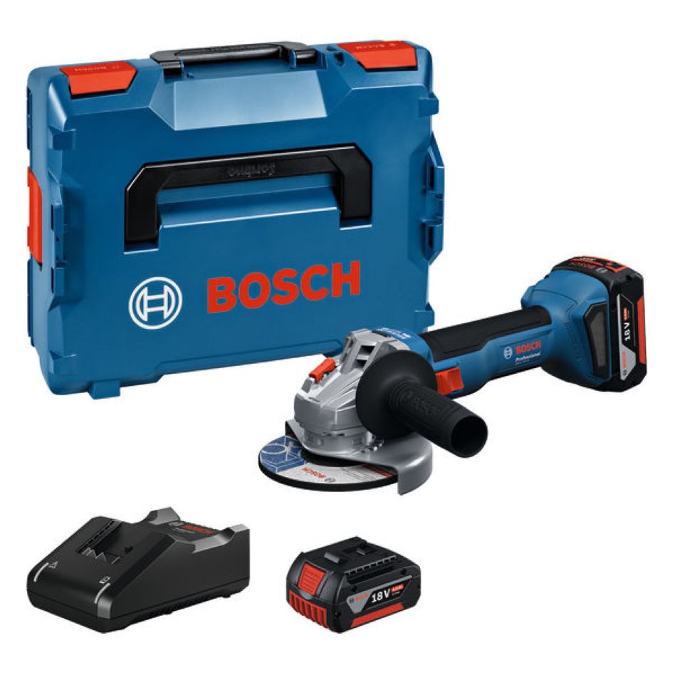 Bosch Blauw 06019N9003 GWS 18V-8 Accu haakse slijper set 125mm 2x 5,0 Ah en lader GAL 18V-40 in L-BOXX