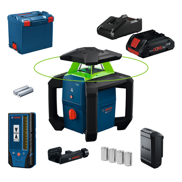 0601061G00 GRL 18V-3-31 G Rotatielaserset met LR3-2 laserontvanger + houder 4x 1,5V LR2 (D) en 2x 1,5V LR6 (AA) batterijen 1x 18V 4.0 Ah accu en snellader in L-Boxx