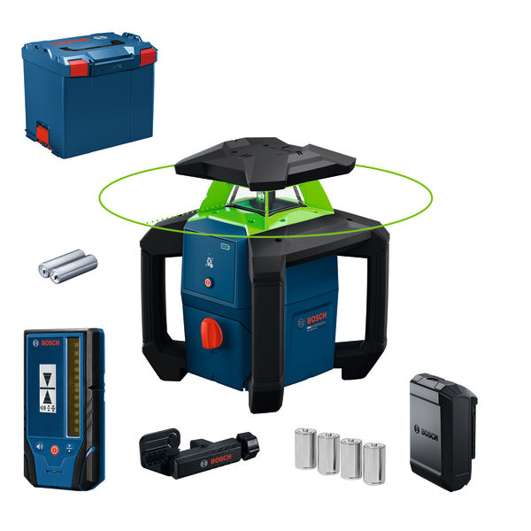 Bosch Blauw 0601061G01 GRL 18V-3-31 G Rotatielaser met LR3-2 laserontvanger + houder, BA 18–C batterij adapter 4x 1,5V LR2 en 2x 1,5V LR6 batterijen