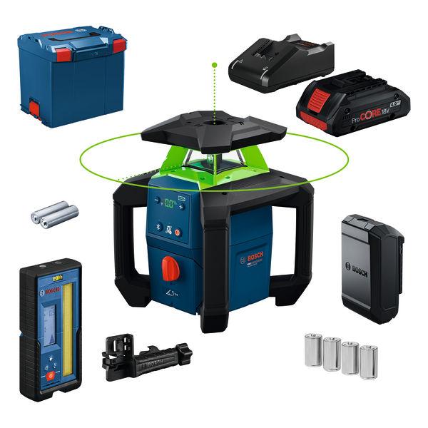 0601061H00 GRL 18V-4-34CVG Rotatielaserset met LR45 laserontvanger + houder 4x 1,5V LR2 (D) en 2x 1,5V LR6 (AA) batterijen 1x 18V 4.0 Ah accu en snellader in L-Boxx
