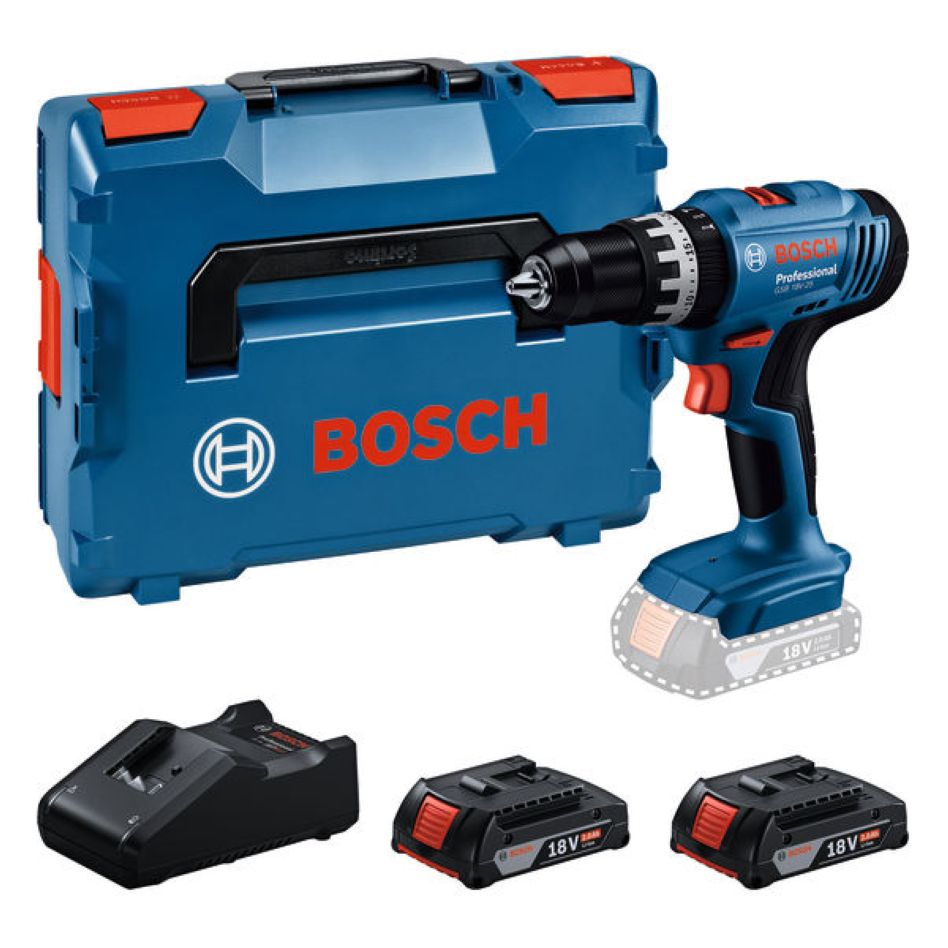 Bosch Blauw 06019K9302 GSB 18V-25 Accuklopboorschroevendraaier 2x 18V 2,0 Ah en lader GAL 18V-40 in L-Boxx