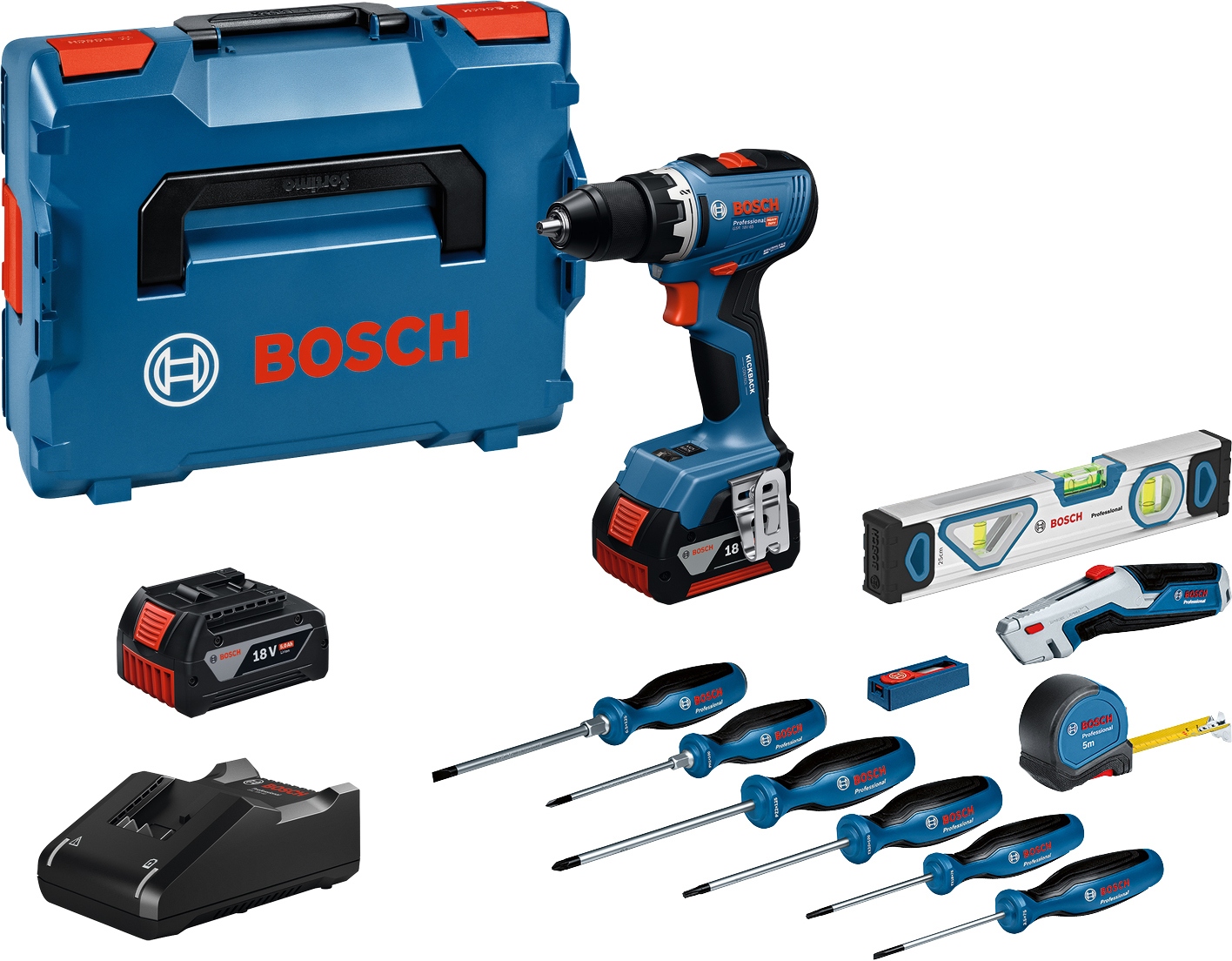 Bosch Blauw 0615A5007K GSR 18V-65 Accuschroefboormachine 2x GBA 18V 5.0Ah accu en lader GAL 18V-40 + handgereedschapset in L-Boxx
