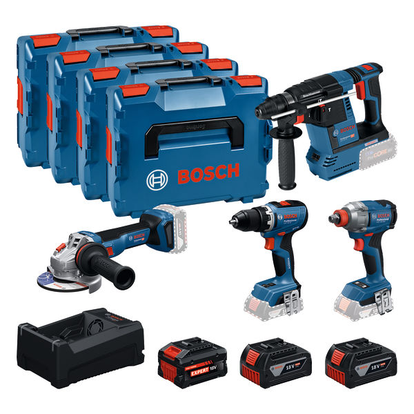 Bosch Blauw 0615A500BJ Accutoolkit 4-toolkit 18V GSR 18V-65, GDX 18V-285, GBH 18V-26, GWS 18V-11 2x GBA 5.0Ah accu's en 1x EXBA 5.5Ah accu en lader GAL 12V/18V-80 in L-Boxx