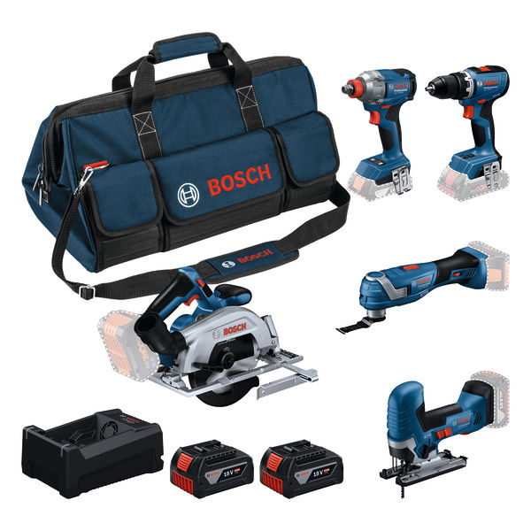 Bosch Blauw 0615A500BV Accutoolkit 5-toolkit 18V GSR 18V-65, GDX 18V-285, GKS 18V-57-2, GOP 18V-34, GST 18V-125 S 2x GBA 5.0Ah accu's en lader GAL 12V-18V-80 in toolbag