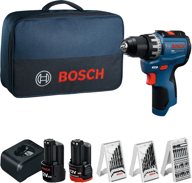 Bosch Blauw 06019S6005 GSR12V-31 Accu Schroefboormachine 1x GBA 12V 2.0Ah + 1x GBA 12V 3.0Ah accu's en lader GAL12V-20 + 39-delige accessoire set in Toolbag