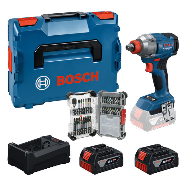 Bosch Blauw 0615A500DY GDX18V-285 Accuslagschroevendraaier/-slagmoeraanzetter 2x 18V 5.0Ah accu en lader GAL12V/18V-80 + 31-delige bitset in L-BOXX