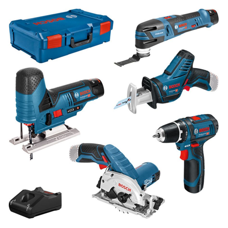 Bosch Blauw 0615A0017C 5 Toolkit 12V - accuboor + cirkelzaag + decoupeerzaag + reciprozaag + multitool 12V 3 x 3.0Ah in XL-Boxx