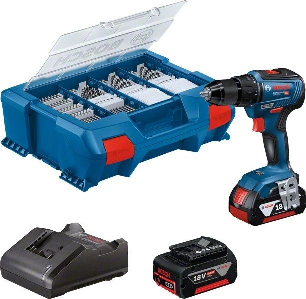 Bosch Blauw 06019H5209 GSR 18V-55 Accuschroefboormachine 18V 4.0Ah Li-Ion + 82 accessoires in Pick&Click L-Case