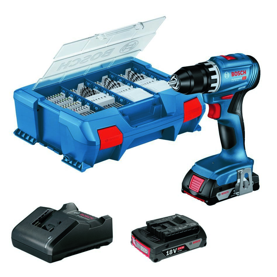 Bosch Blauw 06019K3205 GSR 18V-45 Accuschroefboormachine set 2x 2,0 Ah en lader lader GAL 18V-20 in L-Case
