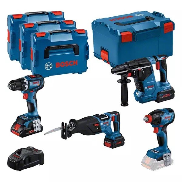 Bosch Blauw 0615990N37 Combiset 18V 4 machines 1x 4.0Ah 2x 5.5 Ah en lader in L-BOXX