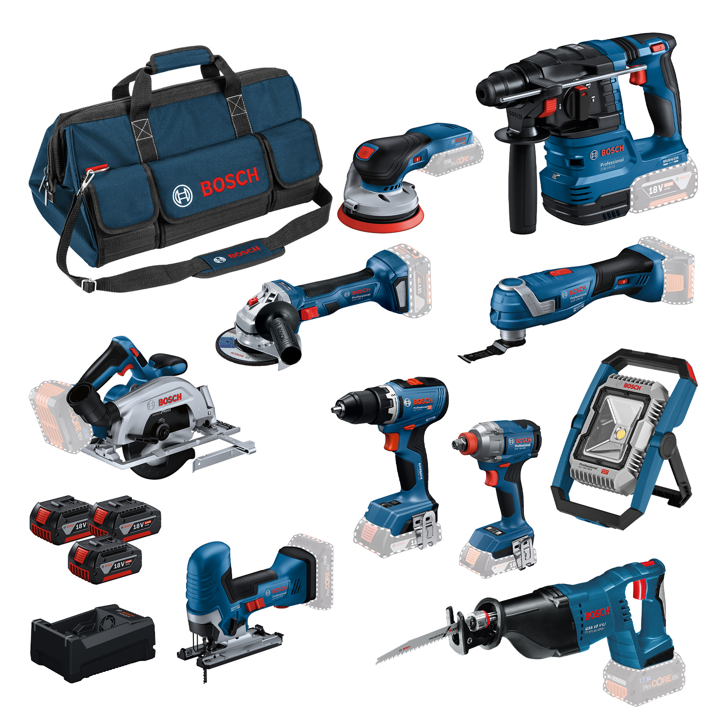 Bosch Blauw BoschTN10 10-delige Comboset &ndash; Professionele 18V Gereedschapsset met Tool Bag
