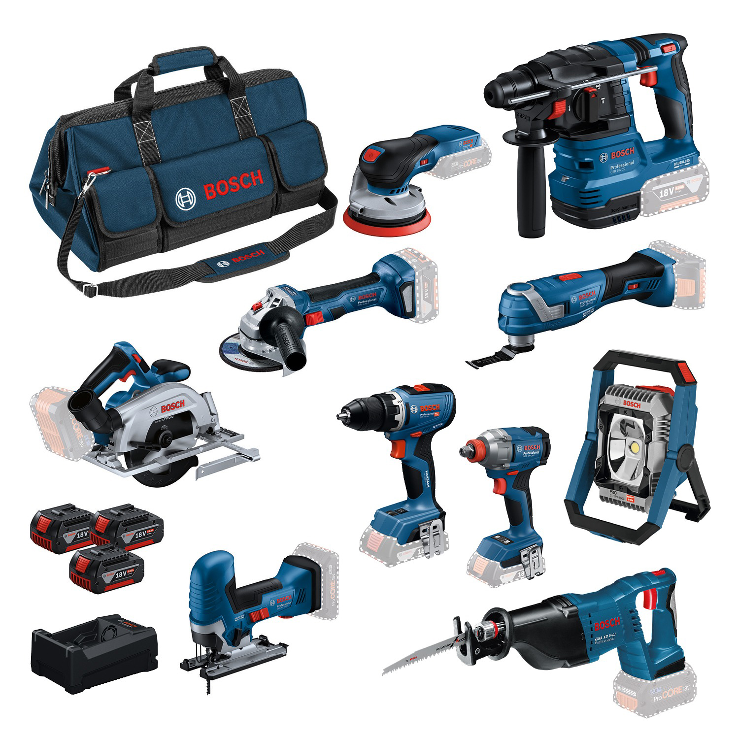Bosch Blauw BoschTN10 10-delige Comboset – Professionele 18V Gereedschapsset met Tool Bag