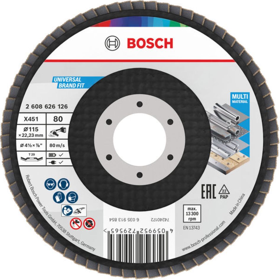 Bosch Blauw Accessoires 2608626126 Lamellenschuurschijf X451 Multi Material ø115 mm korrel 80 haakse uitvoering