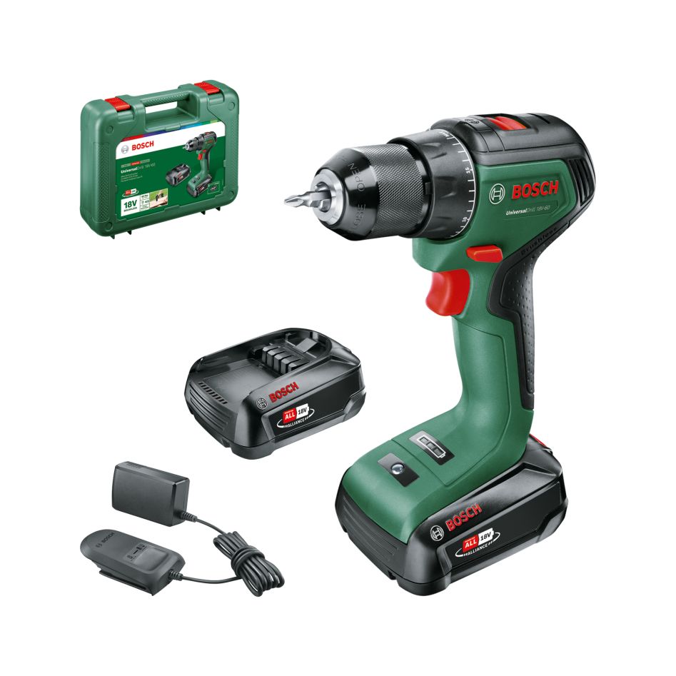 Bosch Groen 06039D7002 UniversalDrill 18V-60 Accuschroefboormachine 2x 2,0 Ah en lader AL 18V-20 in koffer