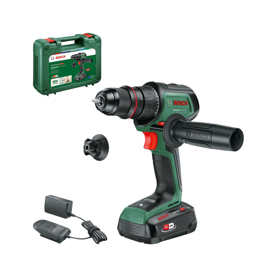 Bosch Groen 06039E2001 AdvancedDrill 18V-80 Accuschroefboormachine set QuickSnap 1x 2,5 Ah en lader AL 18V-20 in koffer