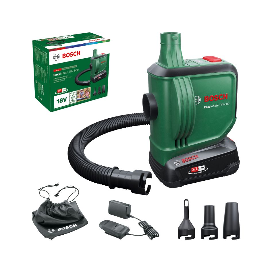 Bosch Groen 0603947201 EasyInflate 18V-500 Accuvolumepomp set 1x 2,0 Ah en lader AL 18V-20 in doos