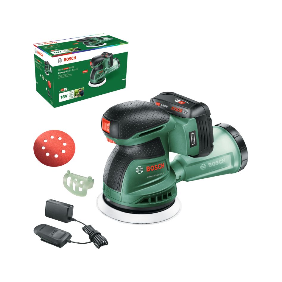 Bosch Groen 06033E4102 UniversalOrbit 18V-20 Accu-excenterschuurmachine set 1x 2,5 Ah en lader AL 18V-20