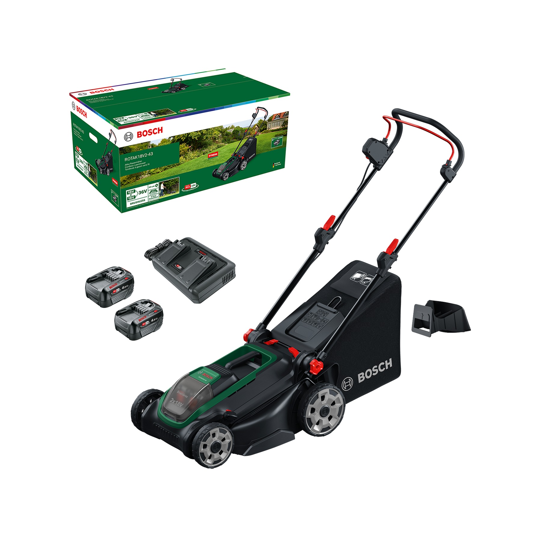 Bosch Groen 06008B9L00 Rotak 18V2-43 Accumaaier 2x 18V 4.0Ah accu en AL 2x18V-88 lader en mulchplug in doos