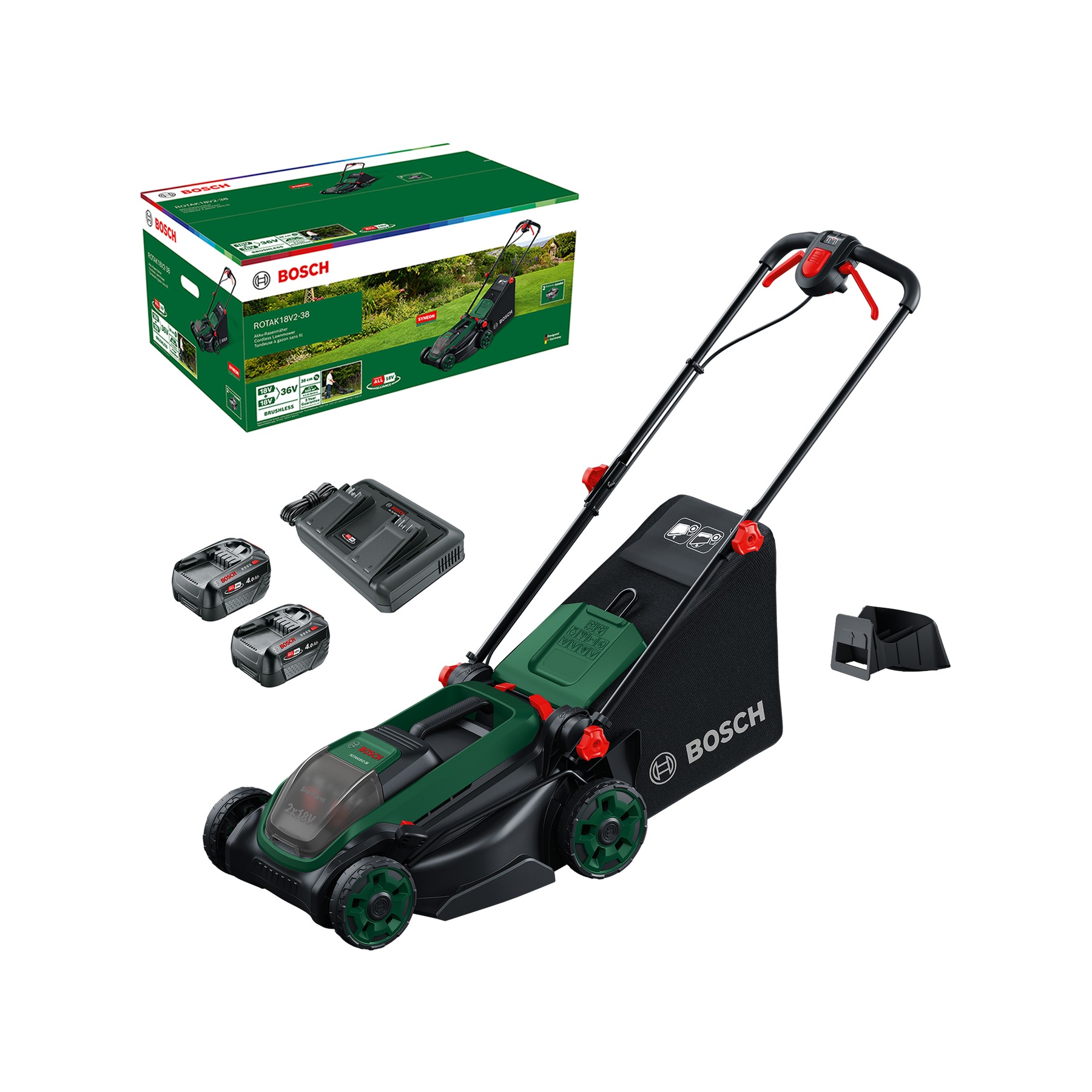 Bosch Groen 06008B9M00 Rotak 18V2-38 Accumaaier 2x 18V 4.0Ah accu en AL 2x18V-88 lader en mulchplug in doos