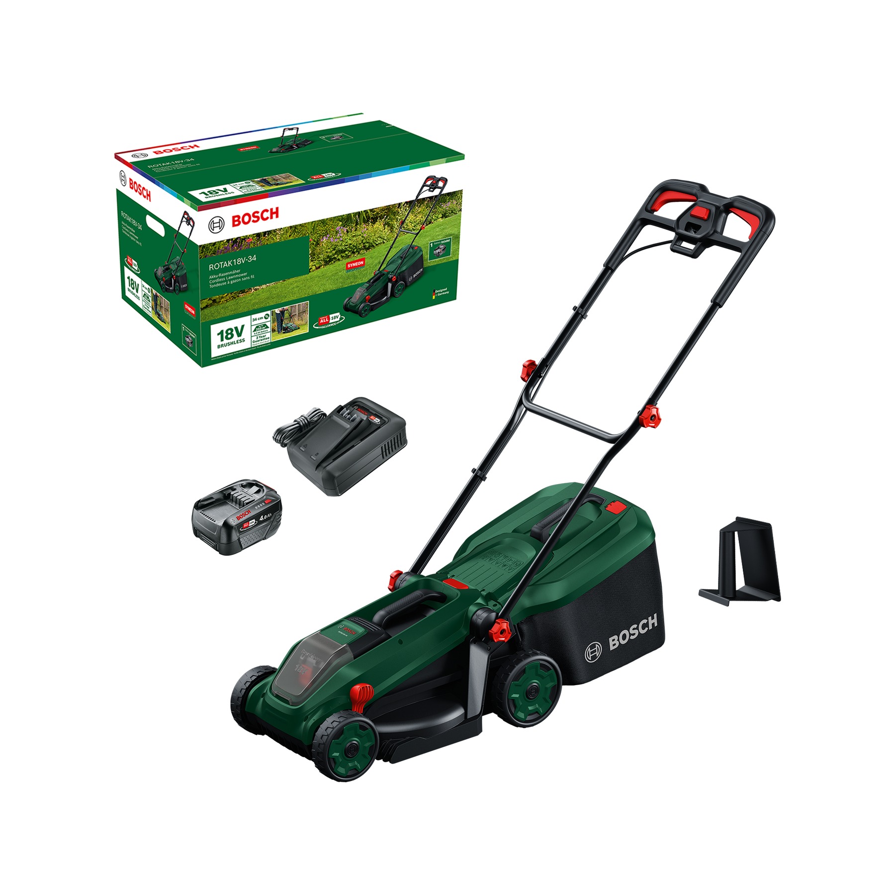 Bosch Groen 06008B9N00 Rotak 18V-34 Accumaaier 1x 18V 4.0Ah accu en AL18V-44 lader en mulchplug in doos