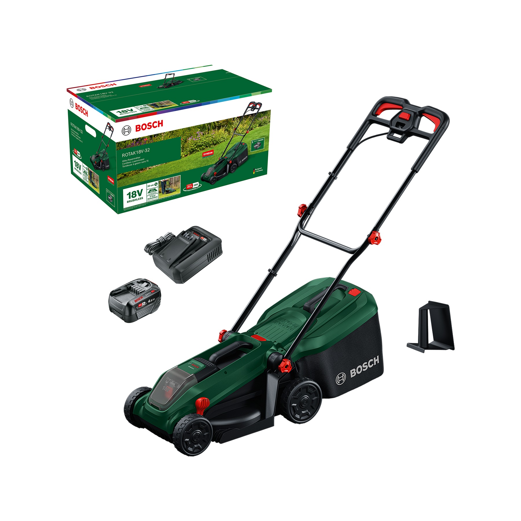 Bosch Groen 06008B9P00 Rotak 18V-32 Accumaaier 1x 18V 4.0Ah accu en AL18V-44 lader en mulchplug in doos
