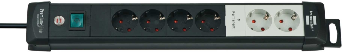 Brennenstuhl 1951160600 Premium-Line Techniek stekkerdoos 6-voudig zwart 3m H05VV-F 3G1,5 2 permanent, 4 schakelbaar