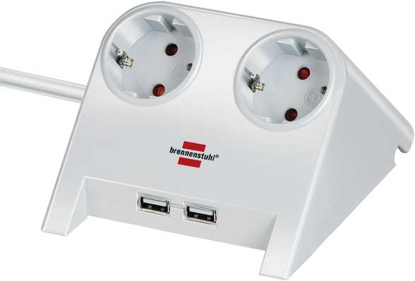 Brennenstuhl 1153520222 Desktop-Power USB-charger 2 USB-laadaansluiting 2100mA 2-voudig wit gepolijst 1,8m H05VV-F 3G1,5