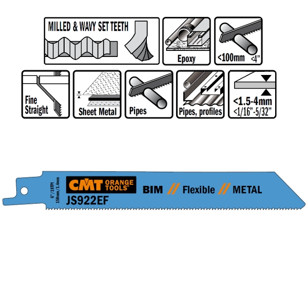 CMT JS922EF-5 JS922EF Reciprozaagbladen 5 stuks Bi-metaal 150mm x 0, 9 x 18TPI Toepassing: dunne metaal plaat (1.5-4mm), buizen en profielen.