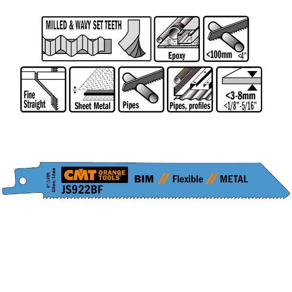 CMT JS922BF-5 JS922BF Reciprozaagbladen 5 stuks Bi-metaal 150mm x 0, 9 x 14TPI Toepassing: Metaal plaat (3-8mm), massieve buizen en profielen.