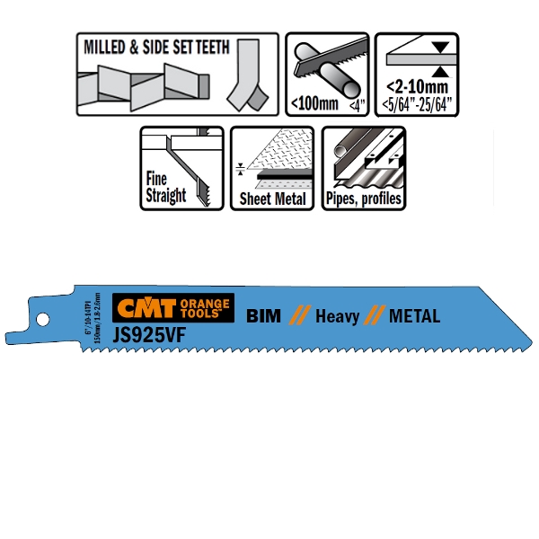 CMT JS925VF-5 JS925VF Reciprozaagbladen 5 stuks Bi-metaal 150mm x 1, 25 x 10-14TPI Toepassing: Metaal plaat (2-10mm), dun en dikwandige buizen en profielen, sloopwerken in metaal