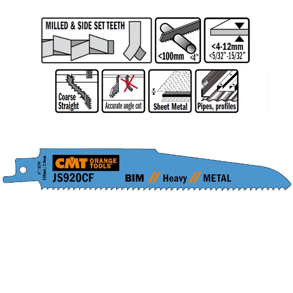 CMT JS920CF-5 JS920CF Reciprozaagbladen 5 stuks Bi-metaal 150mm x 1, 6 x 9TPI Toepassing: Dikke metaal plaat (4-12mm), massieve buizen en profielen, holle buizen, gevaarlijke sloopwerken.