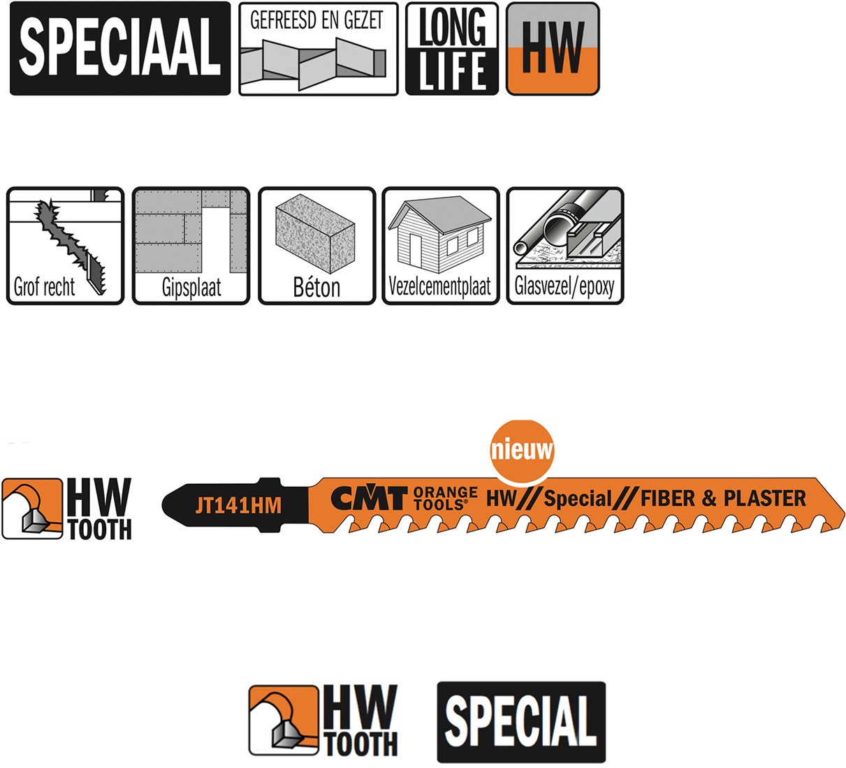 CMT JT141HM-3 Decoupeerzaagbladen HM T-Schacht 100mm glasvezel, verstekte kunststof, epoxy 5-20mm, eternit, MDF, HDF 3 stuks
