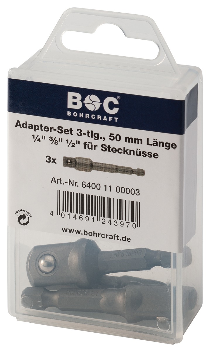 Bohrcraft 64001100003 Adapterset voor dopsleutels 1/4", 3 delig. Lengte 50 mm