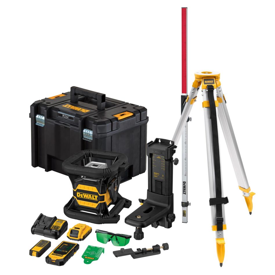 DeWalt DCE080D1GS-SET 18V 2.0Ah Li-Ion roterende groene laser + DE0737 Meetlat + DE0736 statief 5/8"